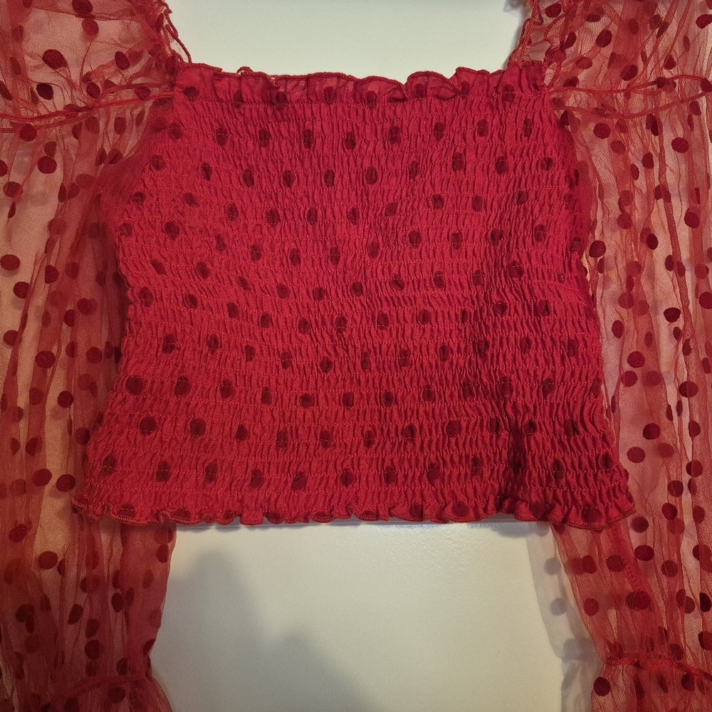 Valentine Red Sheer Sleeve Blouse  NWOT